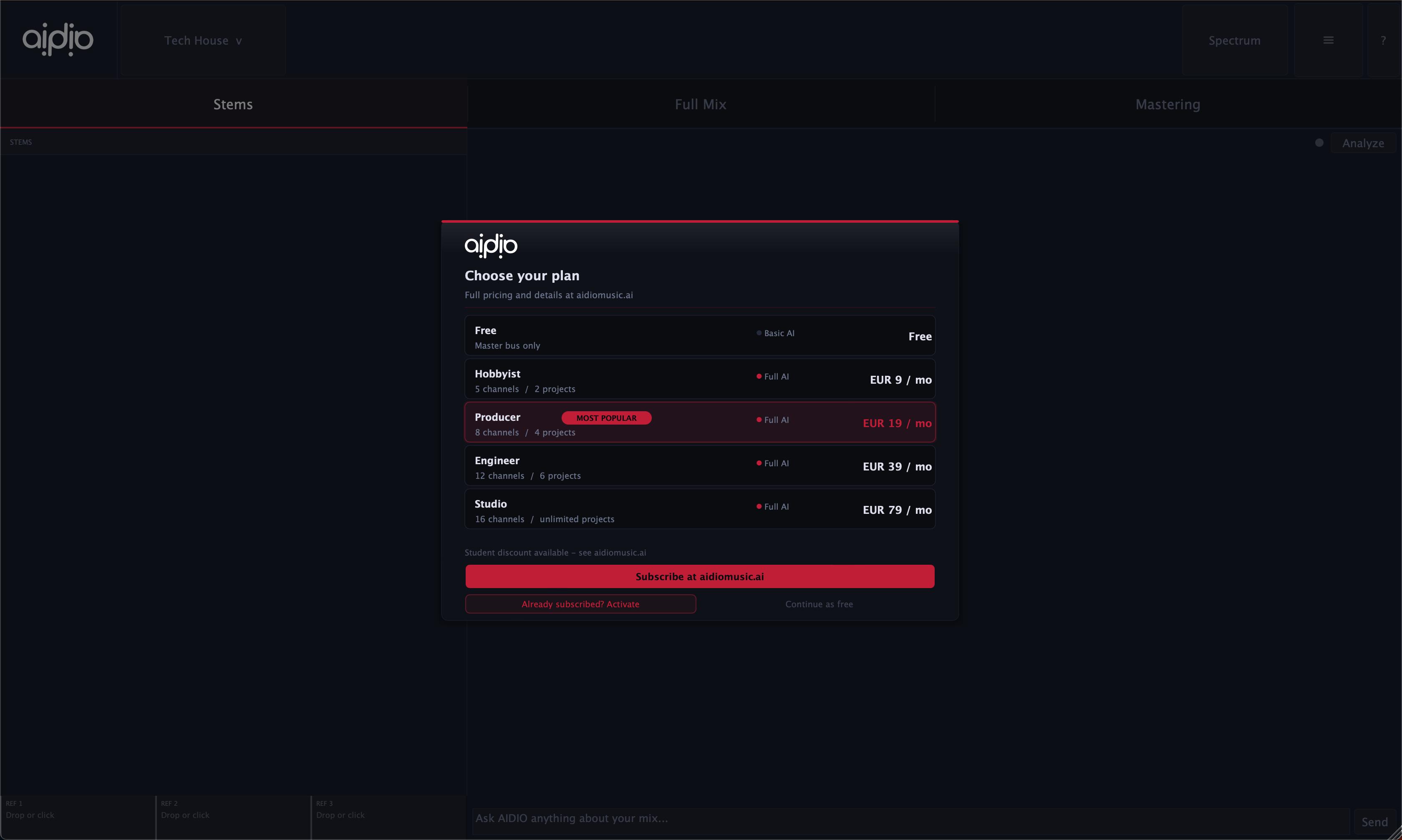 AIDIO plugin showing the Choose your plan onboarding overlay with five tiers, Producer marked as Most Popular, running inside the Stems tab on a Mac.