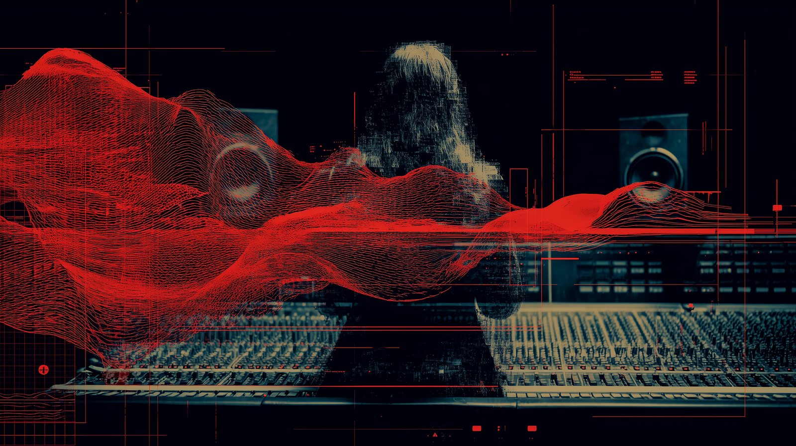 Red waveform flowing across a studio mixing console