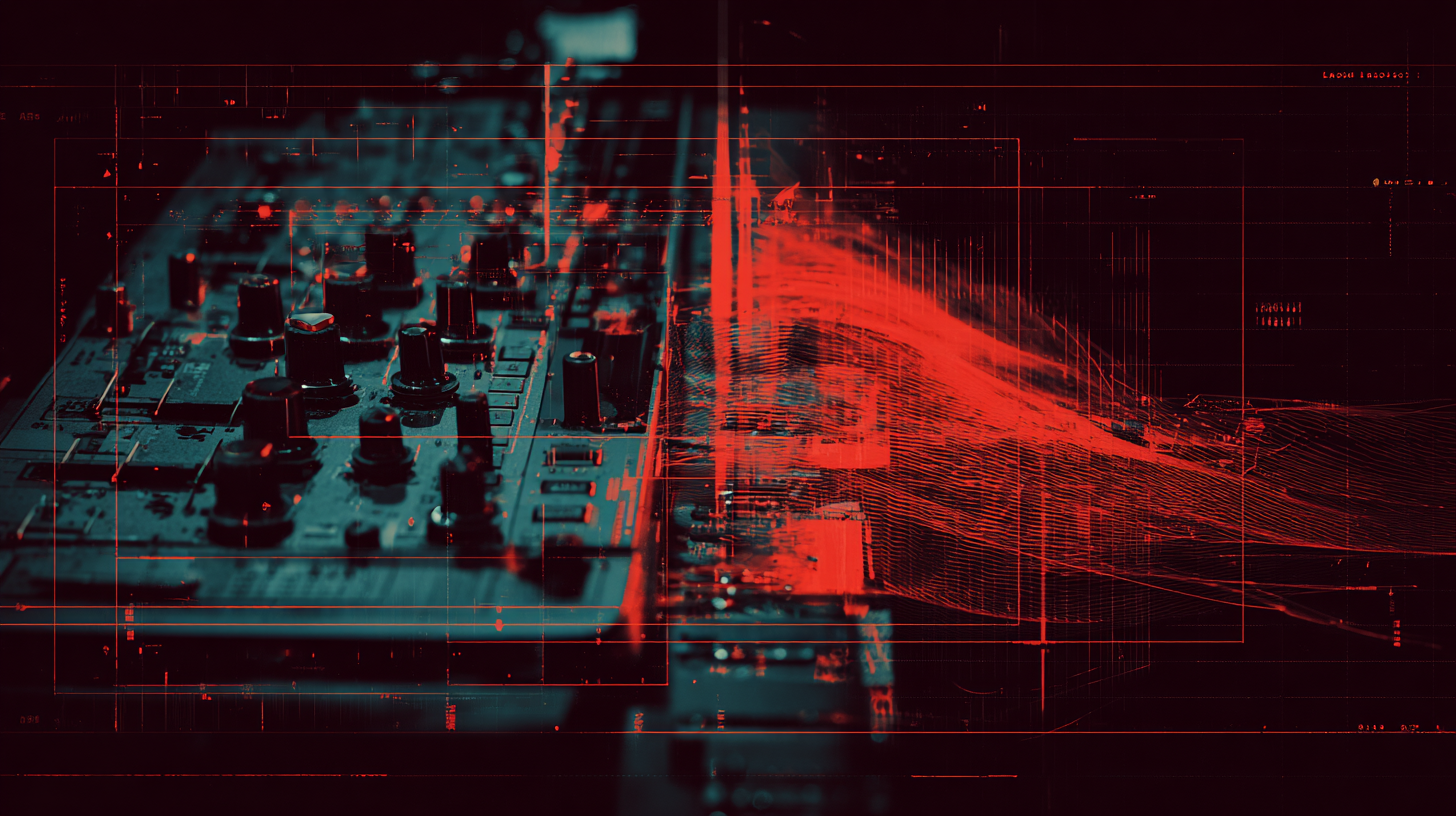 Mixing console with red AI waveform overlay