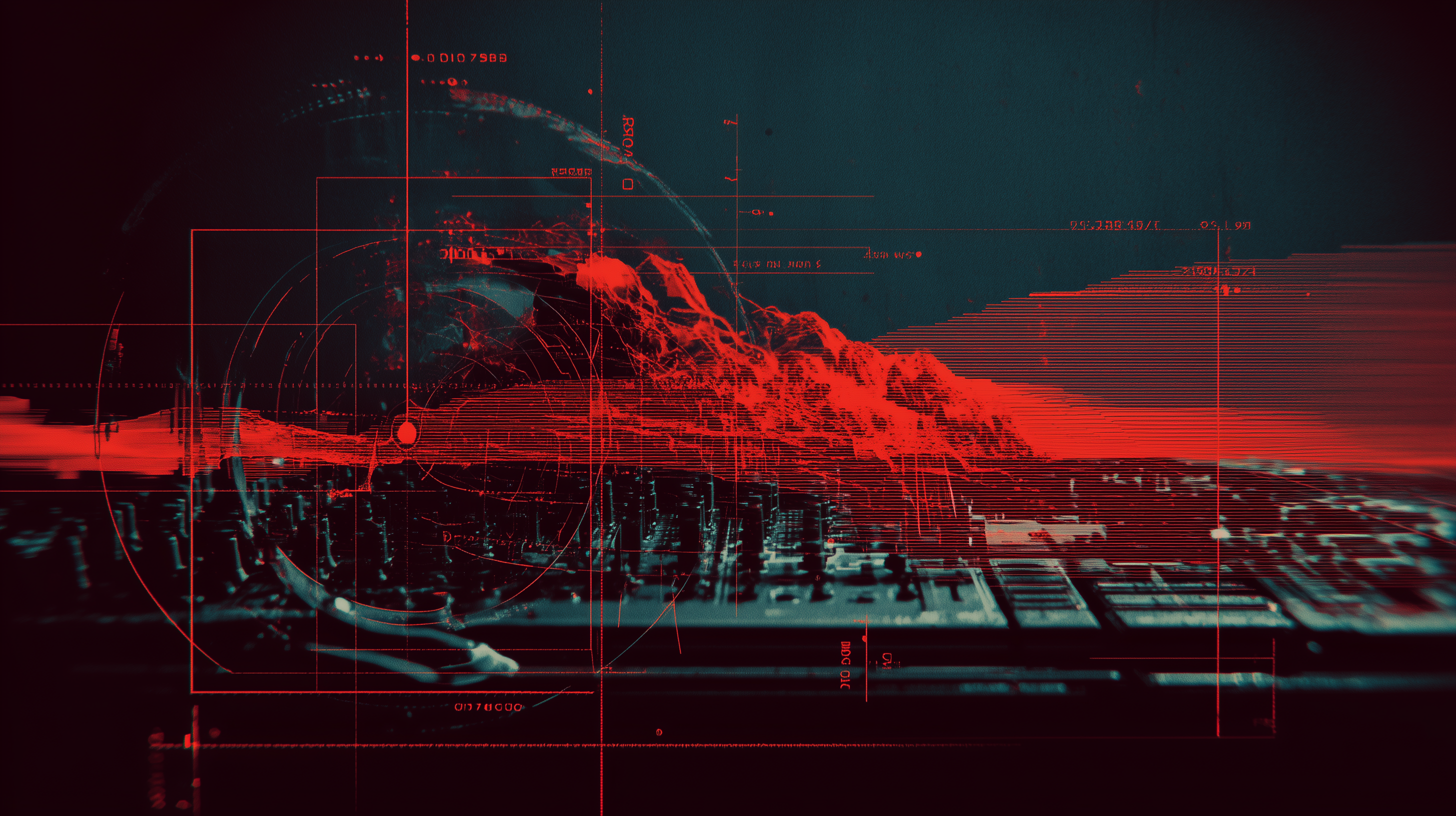 Abstract data visualisation with red mountain landscape and circuit board, representing the AIDIO name